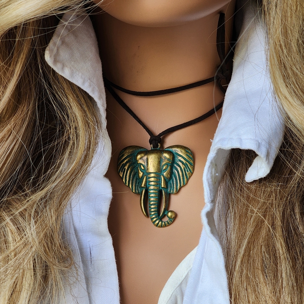 Anthropologie Jewelry "Antique Gold" Green Patina Elephant Black Leather